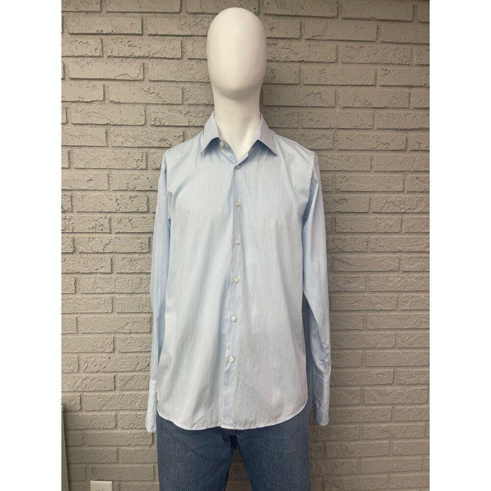 Boss Hugo Men Blue Pin Stripe Long Sleeve Button Up Shirt Size 17 1/2  34-35